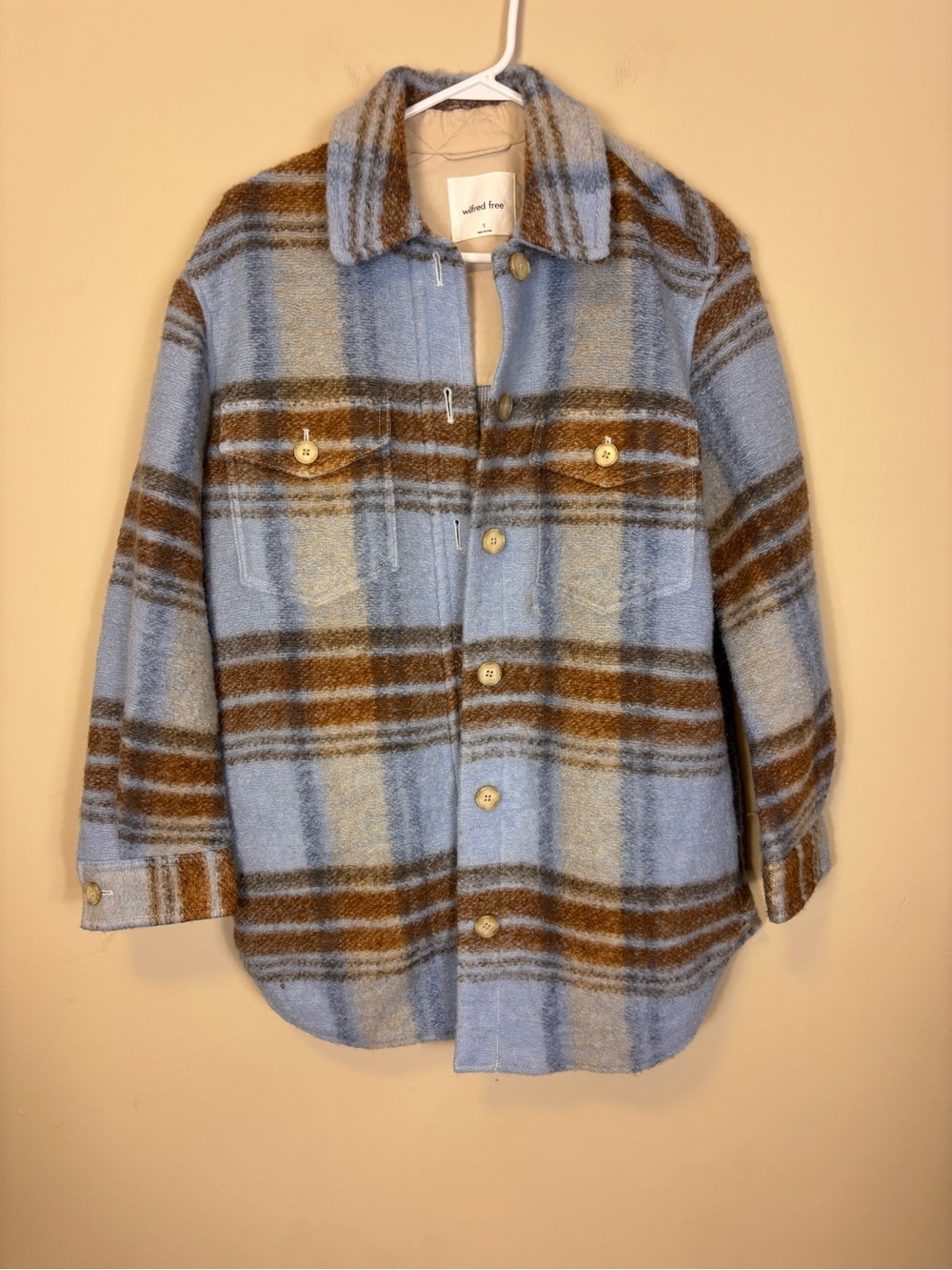 Wilfred Blue and Brown Plaid Button Front Teddy Jacket Small